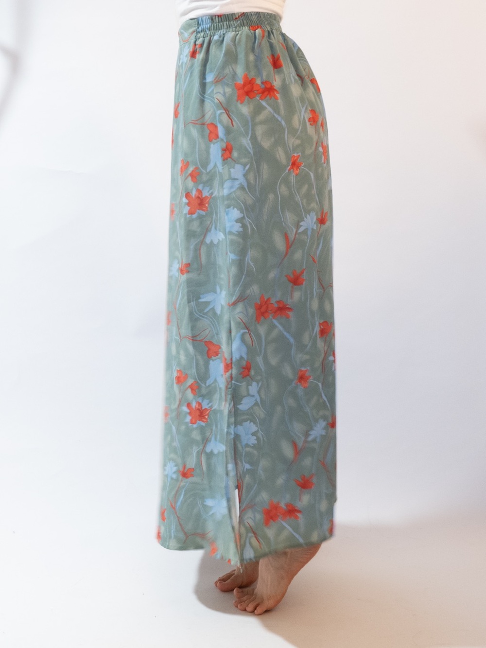 Sage Green Floral Maxi Skirt with Coral Blooms